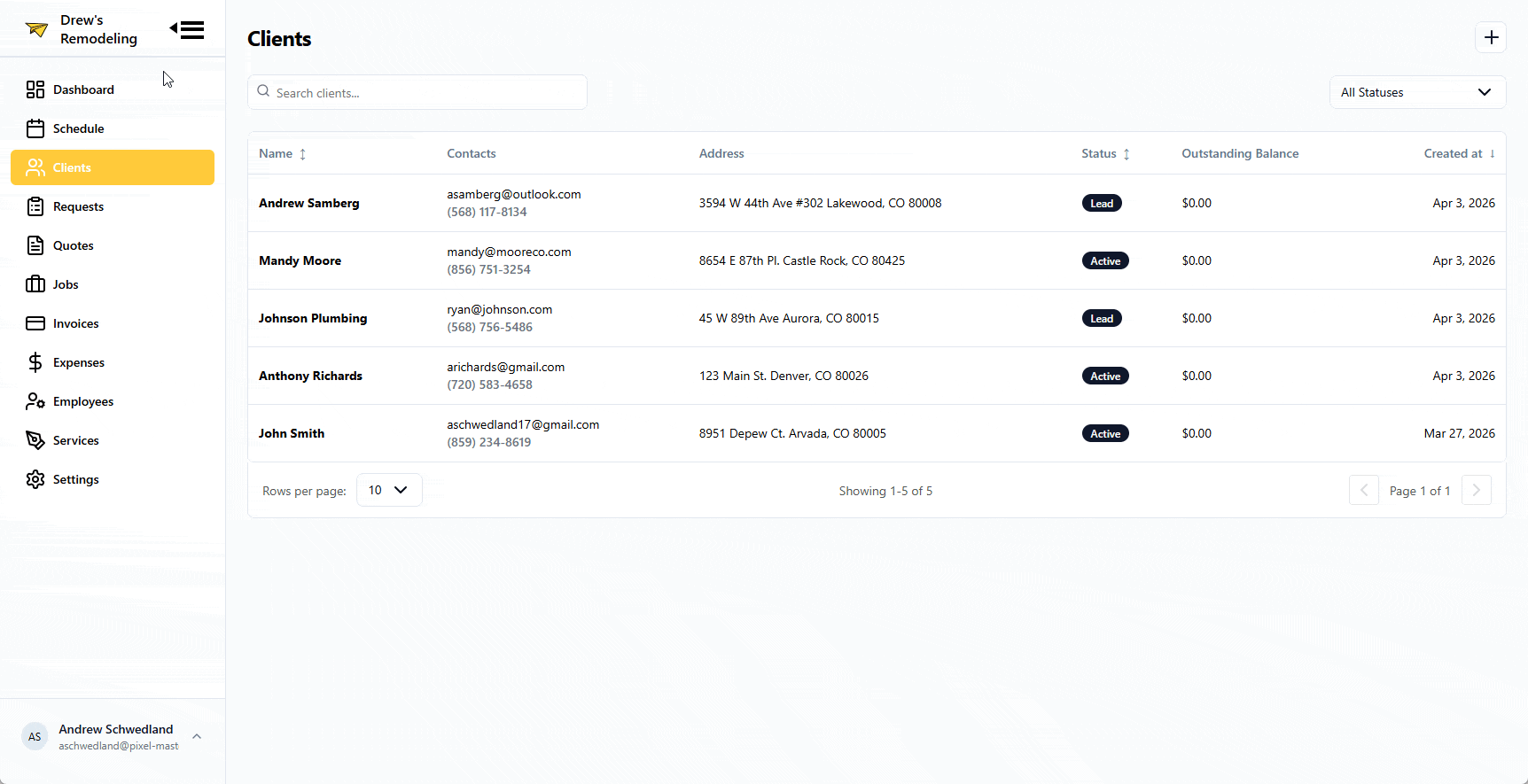 Client Management feature interface