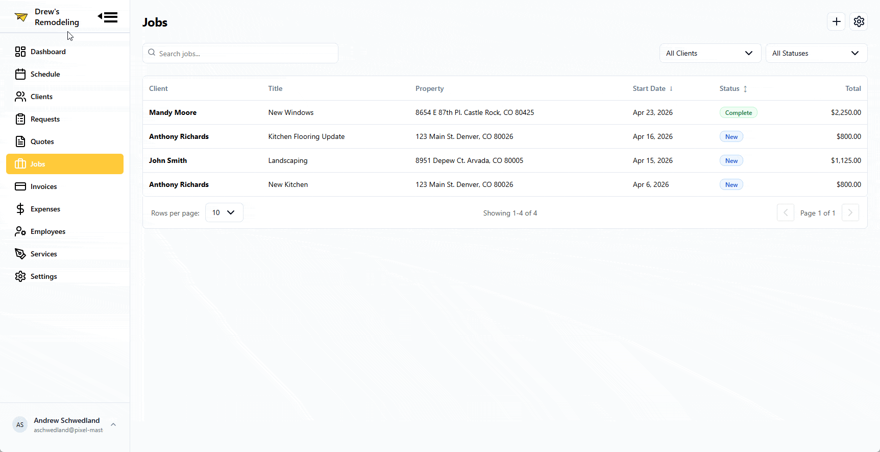 Job Management feature interface