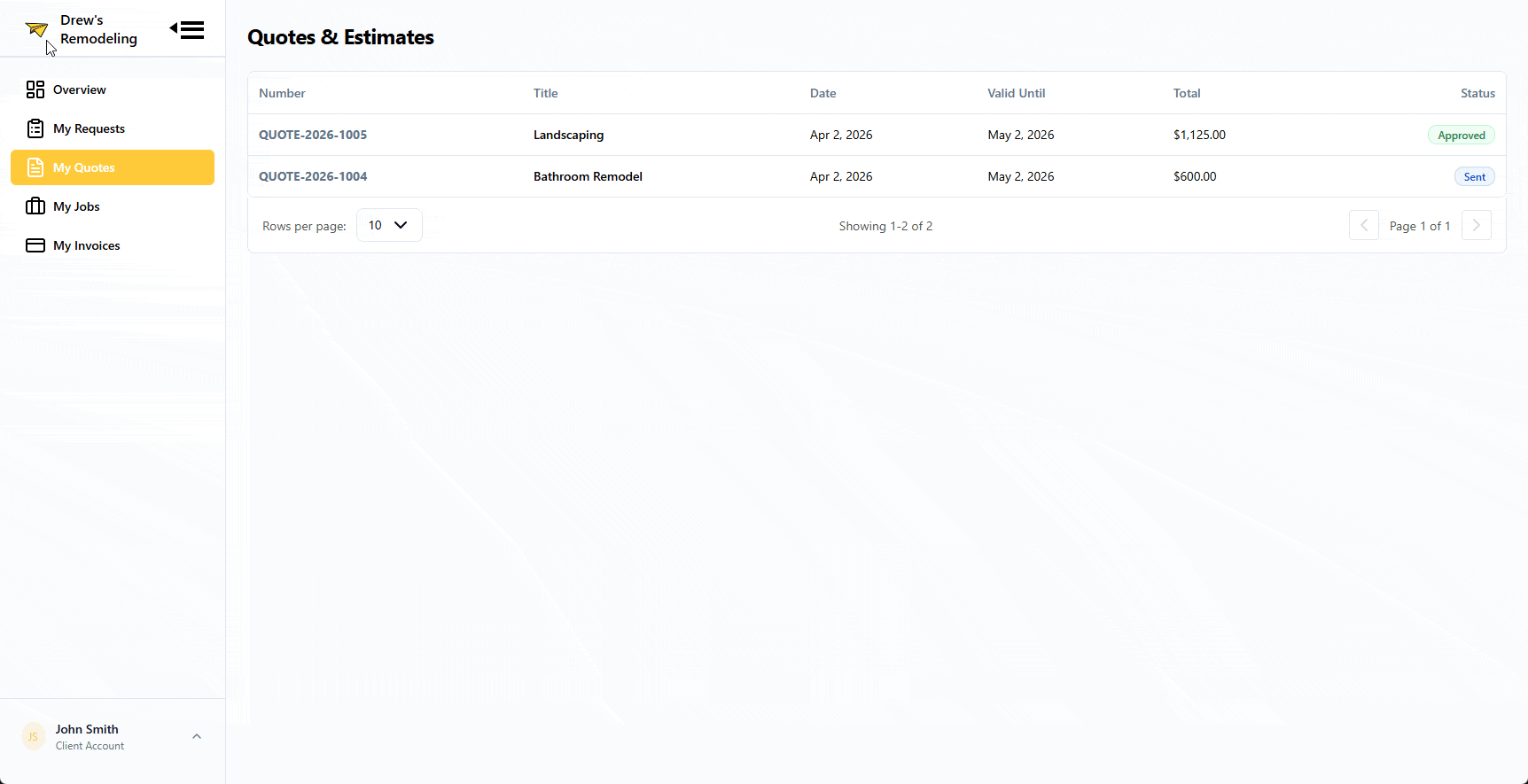 Quoting & Estimates feature interface